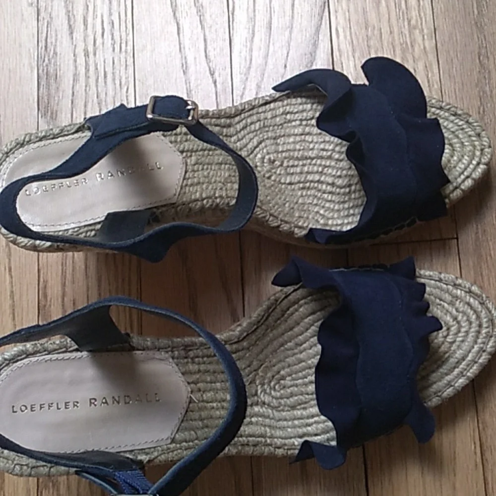 Loeffler Randall Navy Ruffle Espadrille Wedges with Ankle Strap